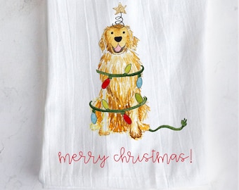 Festive Christmas Golden Retriever Tea Towel | Tea Towel Gift, Red Golden Retrievers Hand Towel, Christmas Lights Kitchen Towels