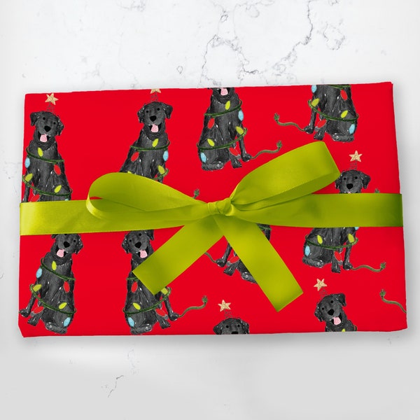 Festive Christmas Black Lab Gift Wrap - Red | Christmas Wrapping Paper, Black Lab Christmas Gift Wrap, Dog Pattern Wrapping Paper