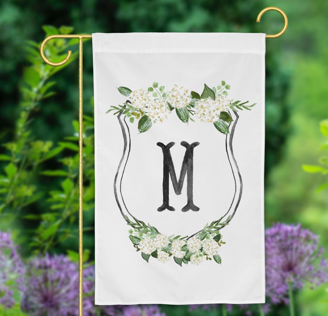 The Elizabeth Crest Garden Flag | White Hydrangea Personalized Monogram Crest, White Hydrangeas Monogram Garden Flag, Personalized Crest - G