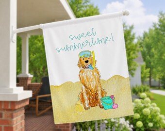 Sandy Summer Golden Retriever House Flag | Golden Retriever Flag, Summer Dog Flag, Personalized Dog Flag, Dog Flag Custom