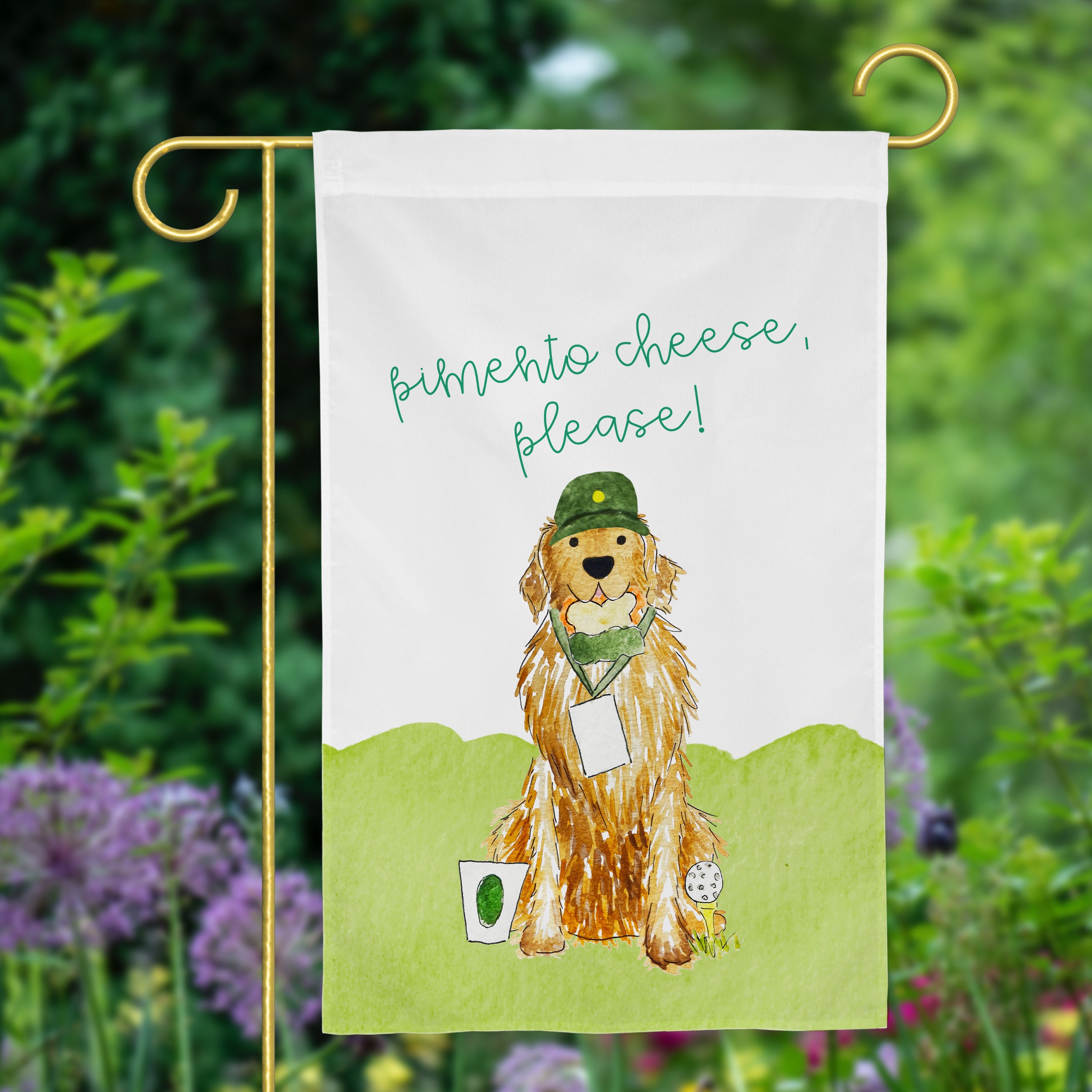 Golf Patron Golden Retriever Garden Flag | Golf Tournament White