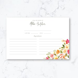 Personalized Pink Floral Recipe Box Cards { Chinoiserie recipe cards, Recipe Cards, Custom Recipe Card, watercolor flower printed art}