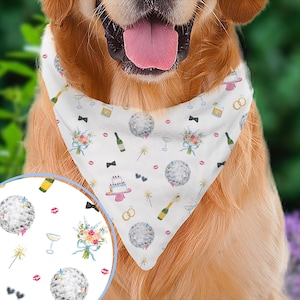 Wedding Pattern Pet Bandana | Watercolor Wedding Dog Bandana, Bachelorette Pattern Dog Bandana, Tie On Wedding Pet Bandana, Engagement Dog