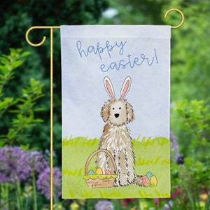 Bandera de jardín con dibujo de conejito de Pascua / Bandera de jardín con dibujo de goldendoodle de Pascua de primavera, Bandera de canasta de Pascua con dibujo de conejo labradoodle