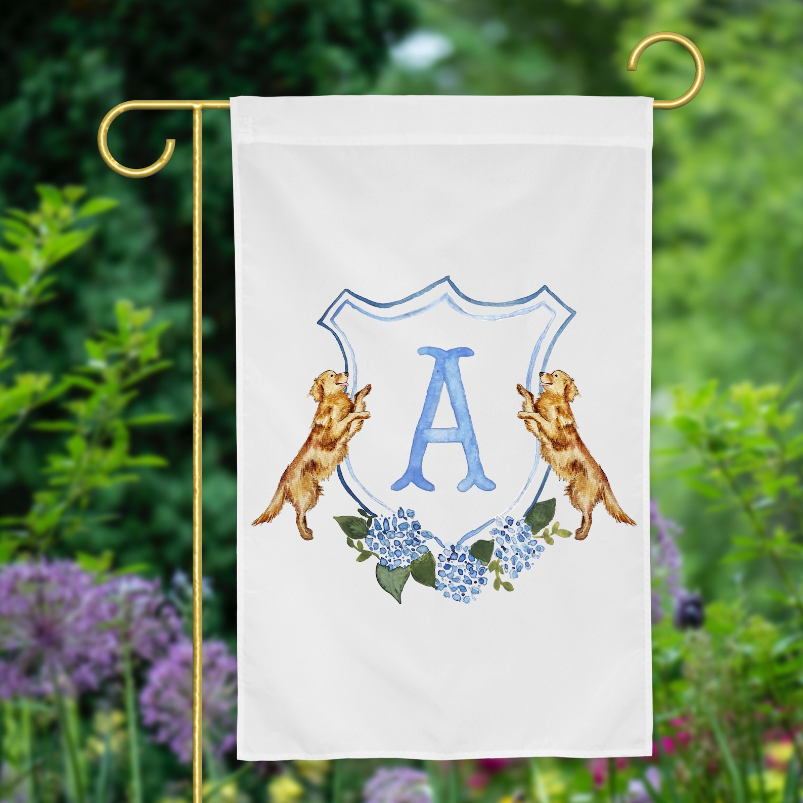 Personalized Watercolor Hydrangea Golden Retriever Crest Garden Flag | Garden Stake, Porch Decor, Personalized Monogram Crest