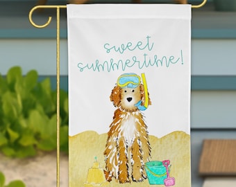 Sandy Summer Doodle Garden Flag | Goldendoodle Beach Flag, Bernedoodle Yard Flag, Summer Dog Porch Decor, Apricot Cream Black Doodle Flag