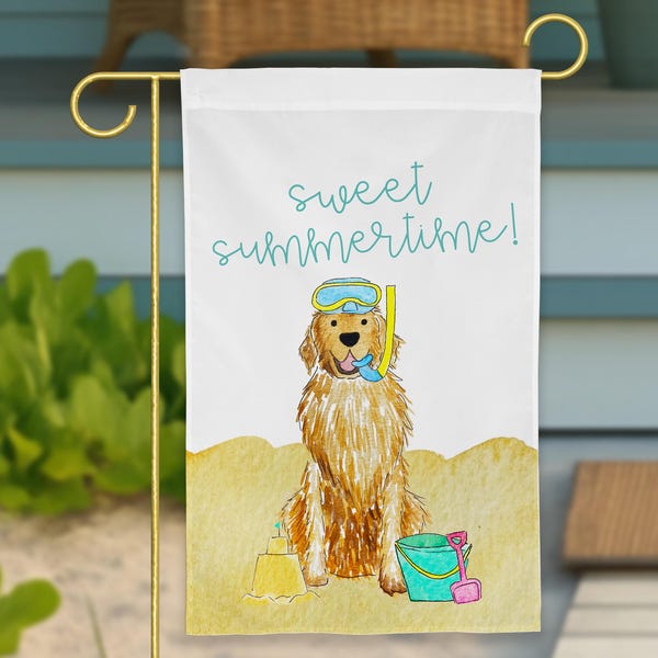 Sandy Summer Golden Retriever Garden Flag | Golden Retriever Flag, Summer Dog Garden Flag, Light Golden, Golden, Red Golden