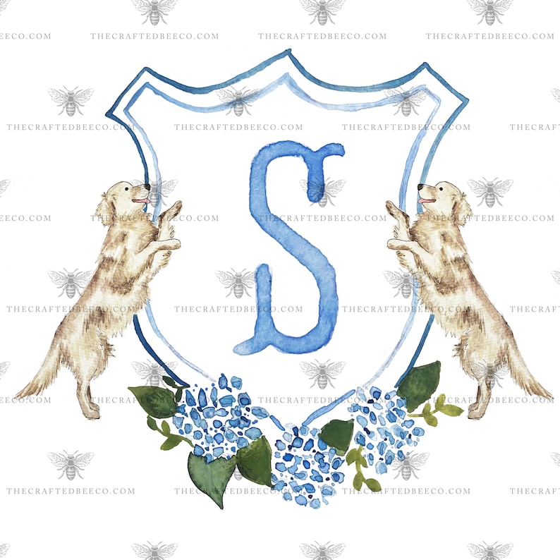 Personalized Watercolor Hydrangea & Golden Retriever Crest | Monogram Crest, Wedding Crest, Pet Custom Crest, Wedding Invitation Stationary image 2