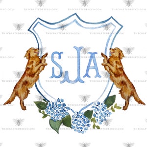 Personalized Watercolor Hydrangea & Golden Retriever Crest | Monogram Crest, Wedding Crest, Pet Custom Crest, Wedding Invitation Stationary image 1