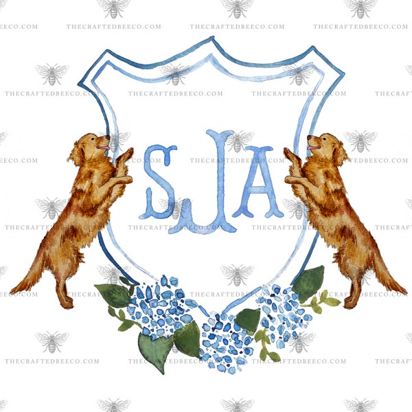 Personalized Watercolor Hydrangea & Golden Retriever Crest | Monogram Crest, Wedding Crest, Pet Custom Crest, Wedding Invitation Stationary