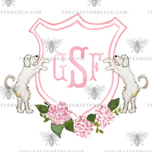 Hortensia rosa acuarela personalizada y cresta de Goldendoodle / cresta de monograma, cresta de boda, cresta personalizada para mascotas, invitación de boda estacionaria
