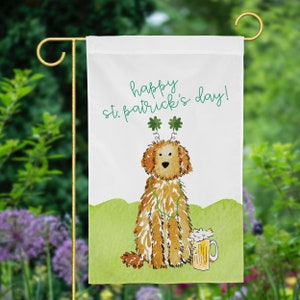 Lucky St. Patrick&#39;s Day Apricot Doodle Garden Flag | Goldendoodle St Patricks Garden Flag Decoration, Bernadoodle, Labradoodle