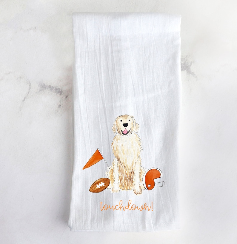 Sporty Football Golden Retriever Tea Towel | Personalized Red Golden Retriever Hand Towel, Tailgate Decor, Team Colors Kitchen Towel