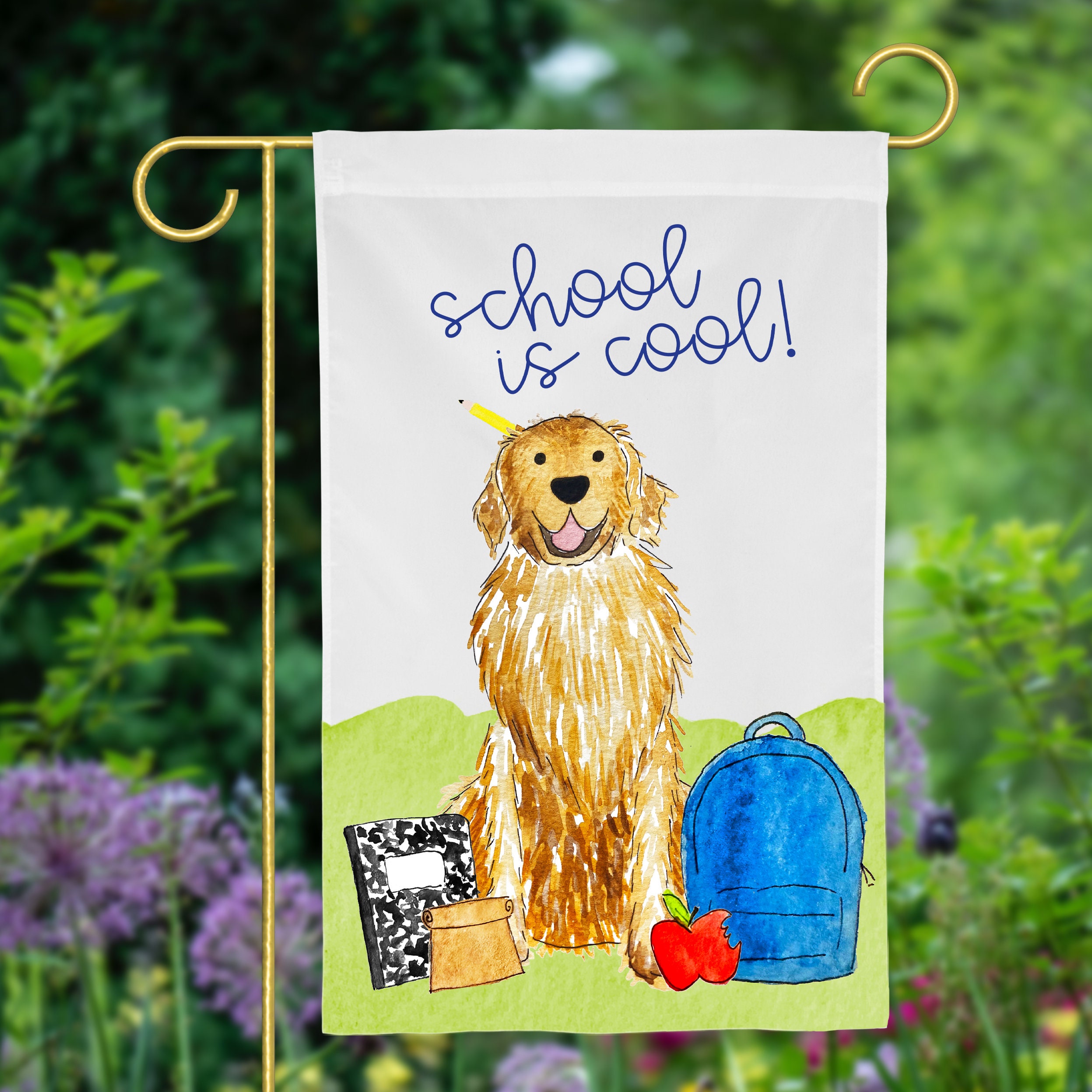 Bandeira de jardim Smarty Pants Golden Retriever | Bandeira de jardim de volta às aulas, Golden Retriever vermelho, presente para professor