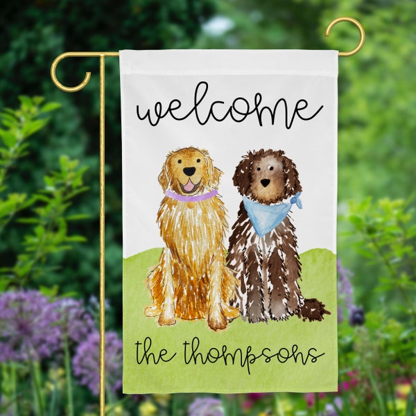 Willkommen Mix and Match Haustier Garten Flagge | Personalisierte Haustier-Yard-Flagge, Goldendoodle, Golden Retriever, Labrador, GSP, Spaniel, Katze