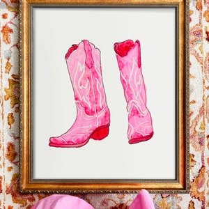 Akvarell konsttryck med stövlar | Rosa cowgirlstövelkonsttryck bild 2