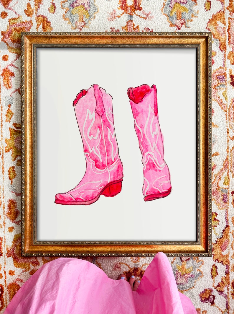 Akvarell konsttryck med stövlar | Rosa cowgirlstövelkonsttryck bild 2