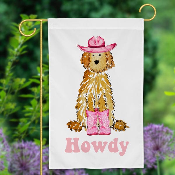 Howdy Cowgirl Doodle Gartenfahne | Pinke Cowboy Goldendoodle, Labradoodle, Bernadoodle Gartenfahne mit Stiefeln und Cowboyhut