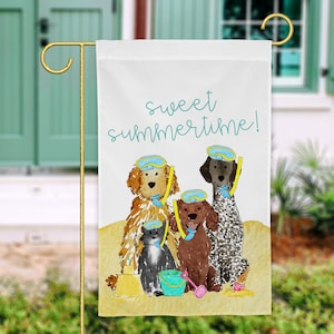 May include: A white garden flag with the text "sweet summertime!" in blue lettering. The flag features a watercolor illustration of four dogs wearing goggles and a cat wearing a snorkel, all on a beach.