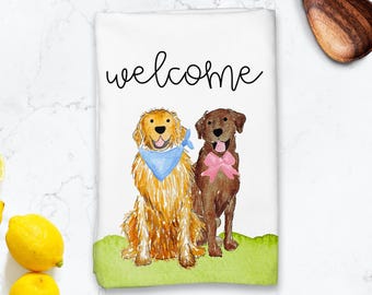 Welcome Mix and Match Pet Hostess Towel | Personalized Pet Kitchen Towel, Goldendoodle, Golden Retriever, Lab, GSP, Spaniel, Cat