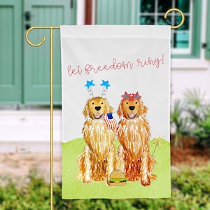 Patriotic Two Golden Retrievers Garden Flag | Golden Retriever July 4th Memorial Day Garden Flag Decoration