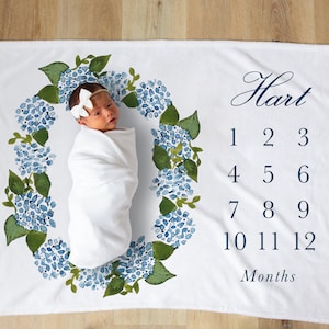 Blue Hydrangea Baby Milestone Blanket | Personalized Baby Boy Month Blanket, Growth Tracker Baby Girl Blanket, Watercolor Foliage, Newborn
