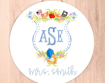 Personalized Monogram Crest Teacher Classroom Door Hanger | Watercolor Crest Door Hanger, Back to School Classroom Decor