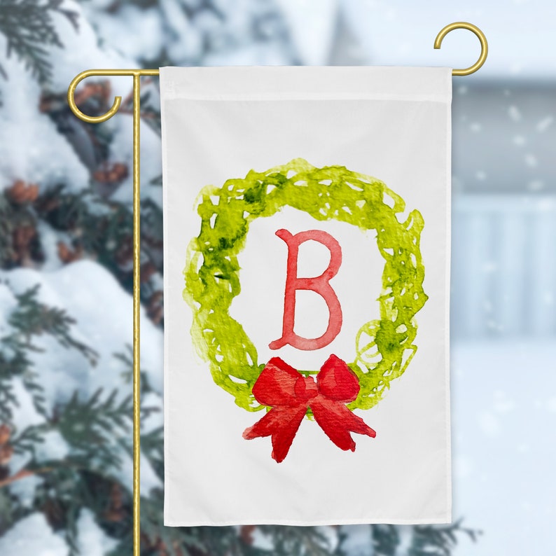 Watercolor Monogram Christmas Wreath Garden Flag | Monogram Garden Flag, Christmas Garden Flag, Holiday Yard Decorations, Watercolor Wreath