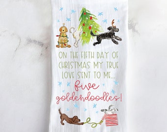 Paño de cocina navideño Five Goldendoodles / Paño de cocina navideño Doodle, toalla de mano Labradoodle, regalo Doodle