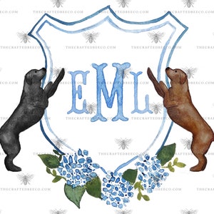 Hortensia de acuarela personalizada y cresta de laboratorio / cresta de monograma, cresta de boda, cresta personalizada para mascotas, invitación de boda estacionaria