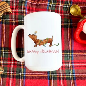 Festive Christmas Dachshund Mug | Longhair Shorthair Dachshunds in red, black, cream, dappled, and piebald, Christmas Dog Mug