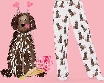 Lovey Dovey Braun Gekritzel Pyjama Hose | Brauner Labradoodle, Valentinstags-Schlafanzug, brauner Goldendoodle-Schlafanzug