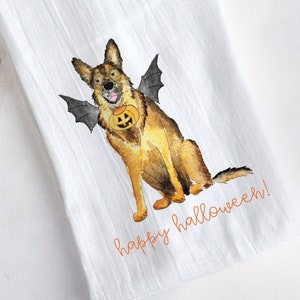 Spooky Halloween German Shepherd Tea Towel | Trick or Treat German Shepherds Kitchen Towel, Spooky Season Dog Bat Wings