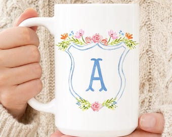 The Paige Crest Mug | Personalized Crest Mug, Custom Crest Wedding Gift, Watercolor Floral Engagement Gift, Personalized Ceramic Mugs