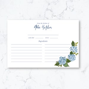 Personalized Hydrangea Recipe Box Cards { Chinoiserie recipe cards, Recipe Cards, Custom Recipe Card, watercolor hydrangea printed art}