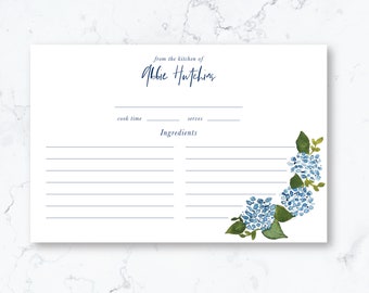 Personalized Hydrangea Recipe Box Cards|  Chinoiserie recipe cards, Recipe Cards, Custom Recipe Card, watercolor hydrangea printed art