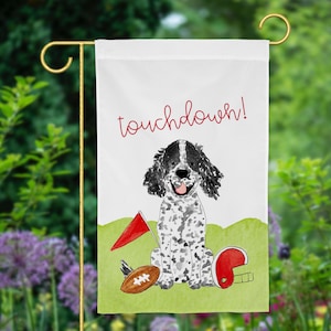 Sporty Football Spaniel Garden Flag | Fall Football Yard Flag, Football Tailgate Decor, Boykin Spaniel, Springer Spaniel, Cocker Spaniels