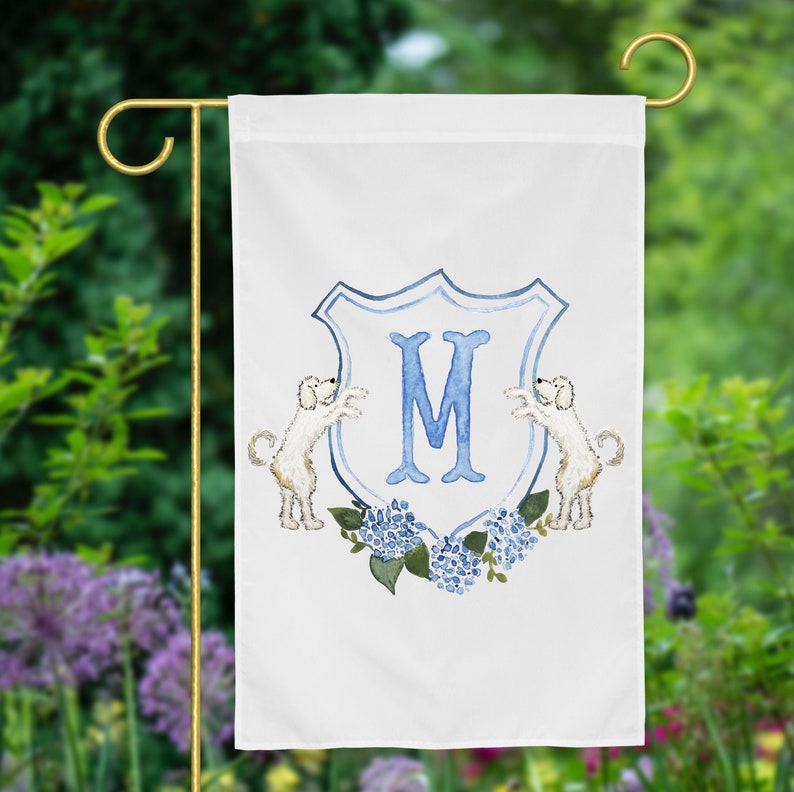 Personalized Watercolor Hydrangea Doodle Crest Garden Flag | Goldendoodle Gift Idea, Bernadoodle Garden Flag