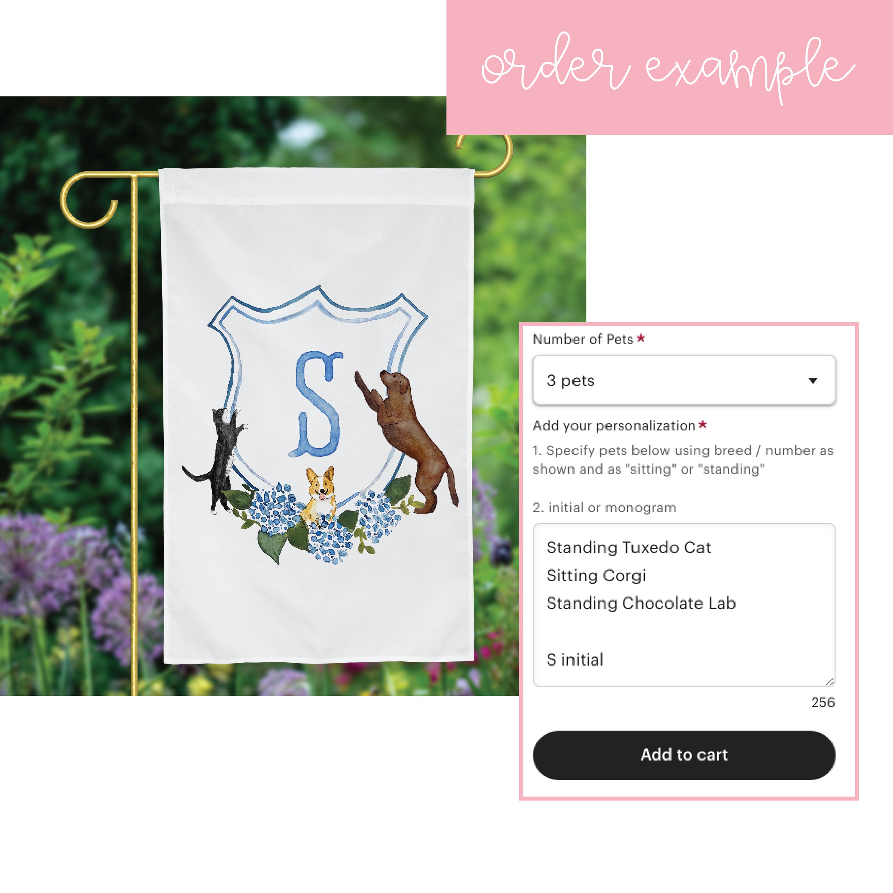 The Katherine Crest Mix and Match Pet Garden Flag | Personalized Pet Yard Flag, Goldendoodle, Golden Retriever, Lab, GSP, Spaniel, Cat