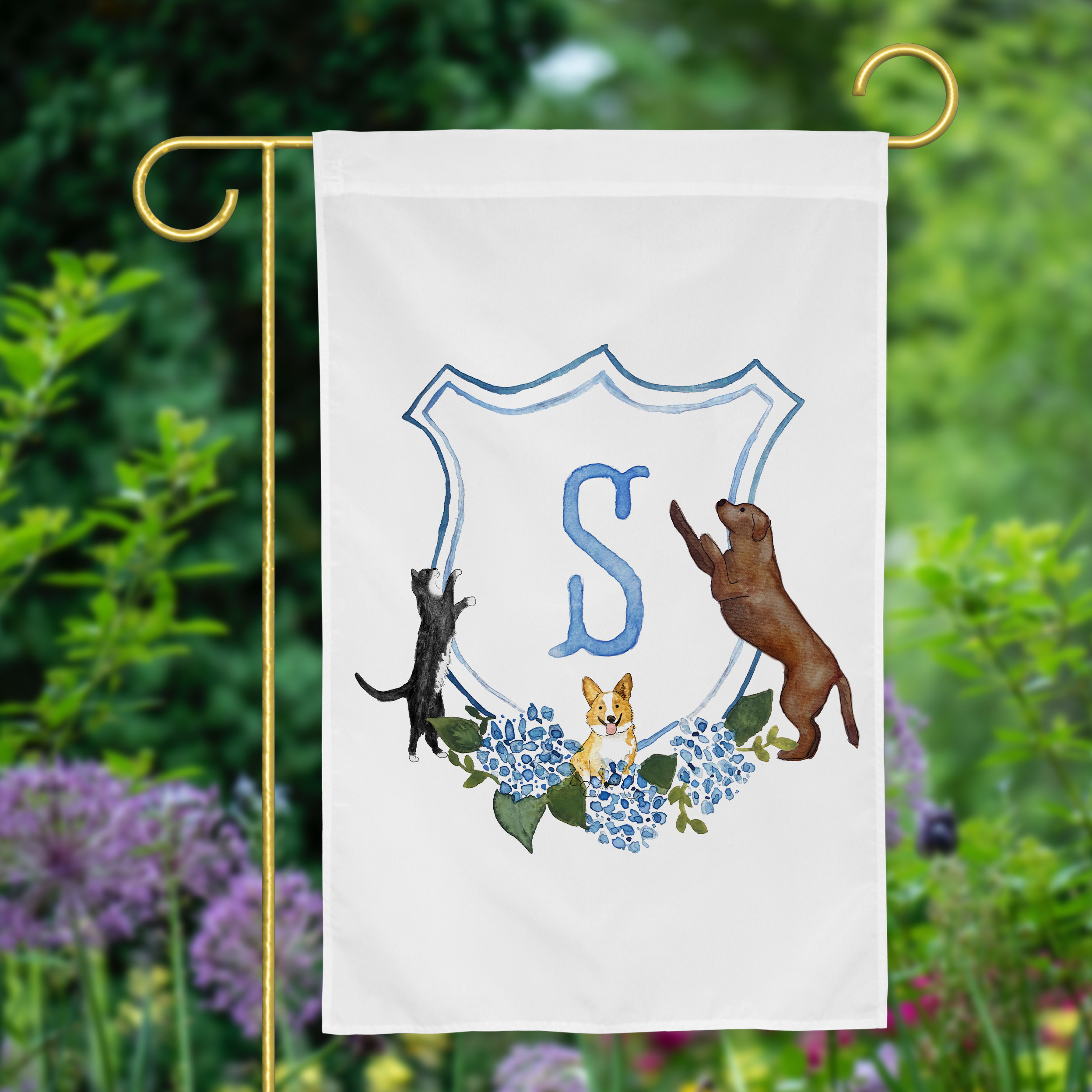 The Katherine Crest Mix and Match Pet Garden Flag | Personalized Pet Yard Flag, Goldendoodle, Golden Retriever, Lab, GSP, Spaniel, Cat
