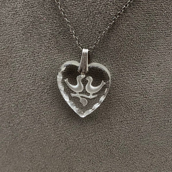 Lovebirds Heart Pendant Reverse Carved Glass On Silver Chain Vintage Sentimental Jewellery