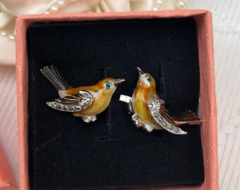 Enamel Marcasite Robin Earrings Signed Vintage Bird Clip Ons Russet with Green Eyes Original 1950's Jewellery by BJL