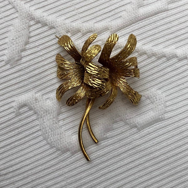 Antique Rolled Gold Flower Brooch Mid-Century Modern Signed SP MADE in GERMANY by Speidel Amerikaner Engine Turned