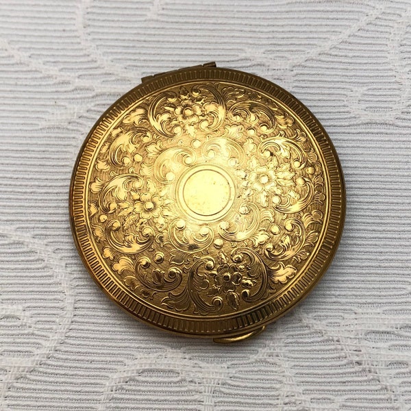 Vintage Floral Kigu Compact & Powder Puff Gold Plated with Flowers Original 1950's Toilette Elegant Accessory