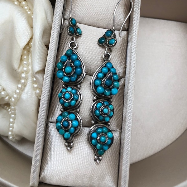 Vintage Silver Turquoise Earrings Egyptian Revival Style Dangly with Blue Glass Paste Stones Triple Teardrop with Halo