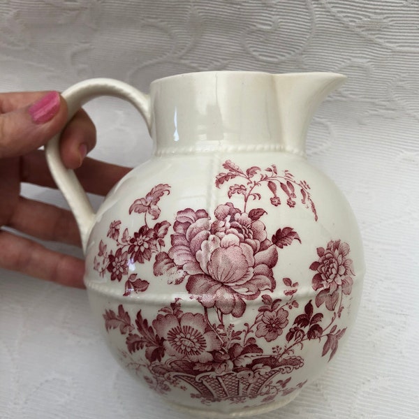 Antique Pink Sepia Jug Lidded Pitcher by Crown Devon Staffordshire Pottery Pretty Country Decor Water or Flowers