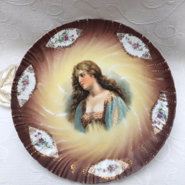 Victoria Austria Cabinet Plate Antique with Portrait of a Lady & Floral Panels Flowing Hair Beautiful Decorative Antique Dish 9 Inches