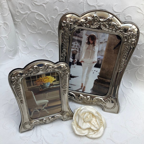 Art Nouveau Silver Photo Frames EPNS Set of Two with Ribbons & Swags 4.5 X 6.5 and 3 X 4.5 Gorgeous Vintage Decor