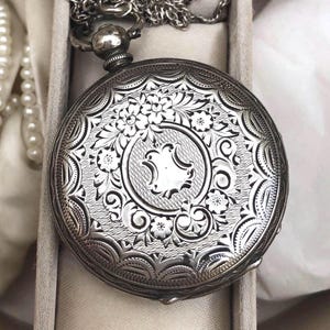 Victorian Silver Pocket Watch Case on Chain 800 Grade with Glass Cover in Half Hunter Style Antique Pendant or Box For Keepsakes Steampunk