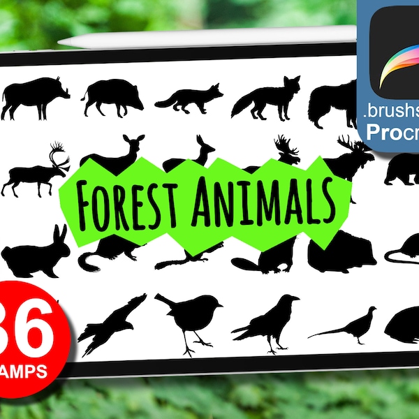 36 Forest Animals Procreate Stamps Brushes, Silhouettes, Use on iPad with Apple Pencil, Instant Download, High Quality Brush, Stamps